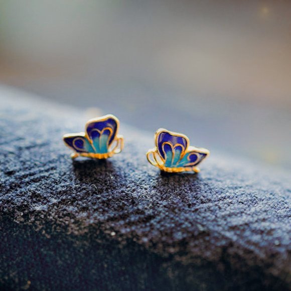 Enamel Sterlling Silver butterfly Earrings Studs - Picture 2 of 4